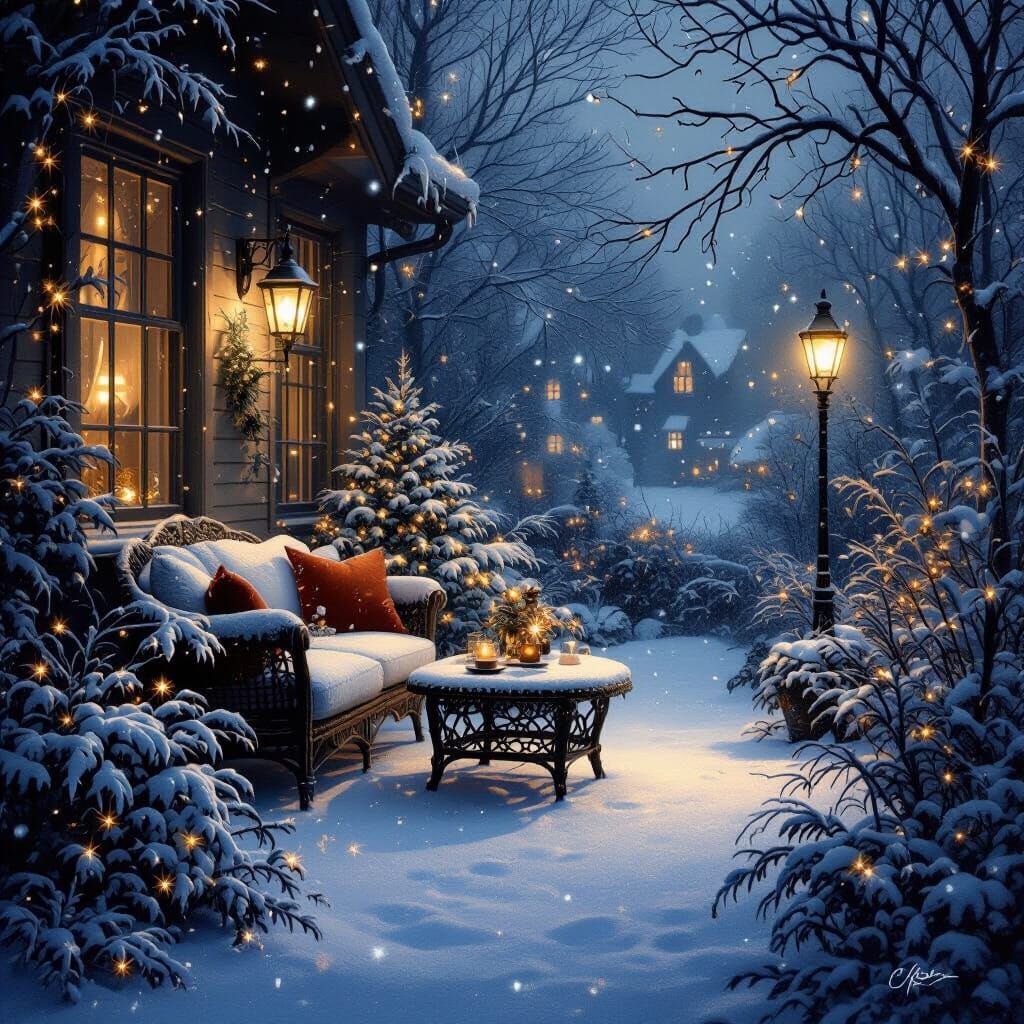 Magical Christmas Garden Scene with Ethereal Glow