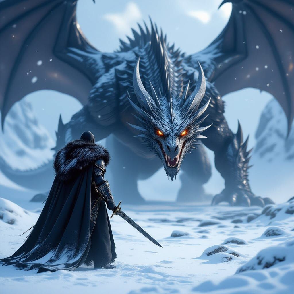 Epic Dragon Battle on Snowy Field, Photorealistic Fantasy