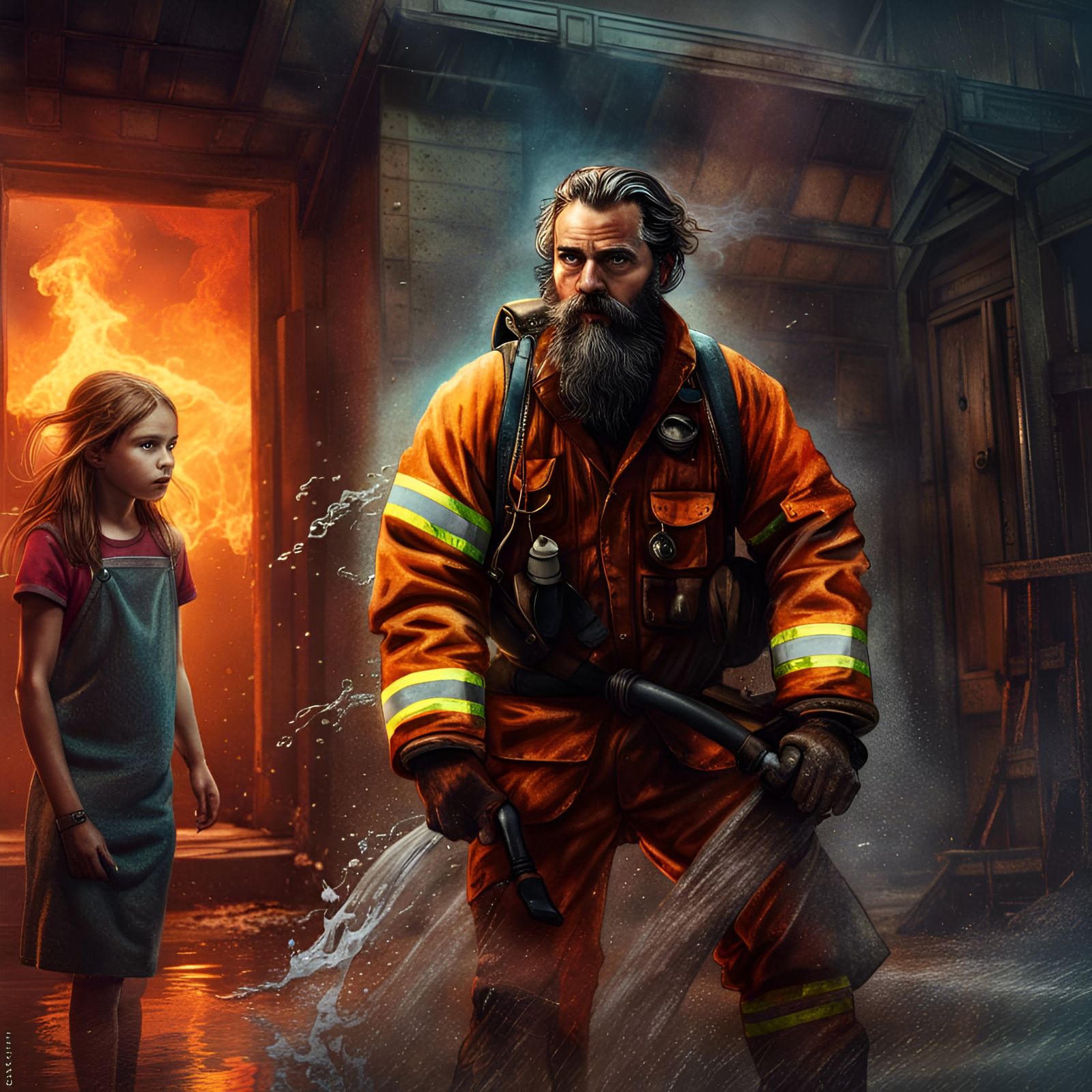 Brave Firefighter Saving Girl: Fantasy Concept Art