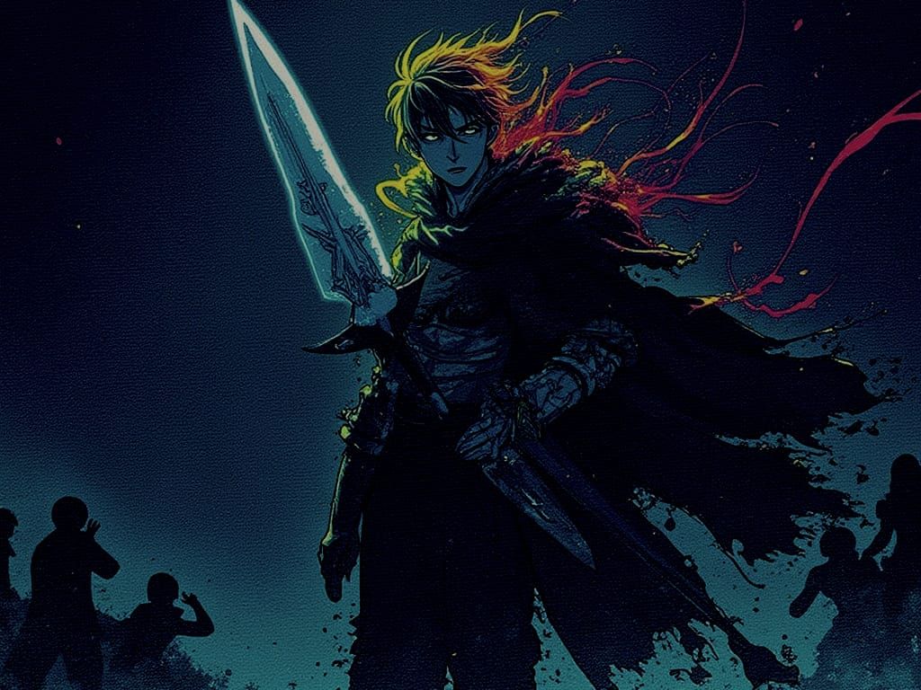 Anime Hero Radiates Power in Neon-Lit, Cyberpunk Cityscape