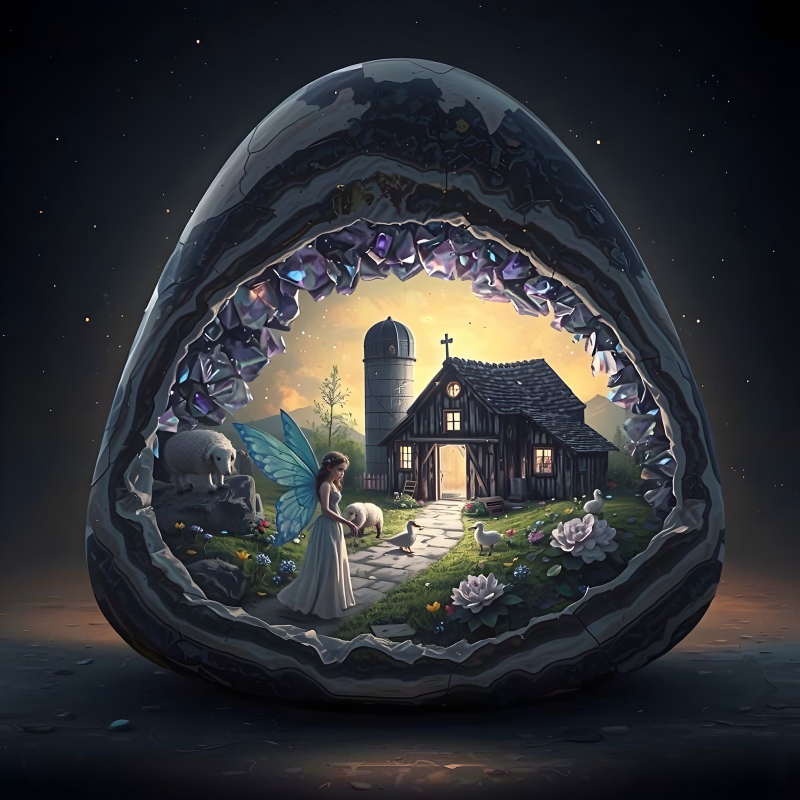 Fairy Farm Inside Luminous Geode: Surreal Crystalcore Scene