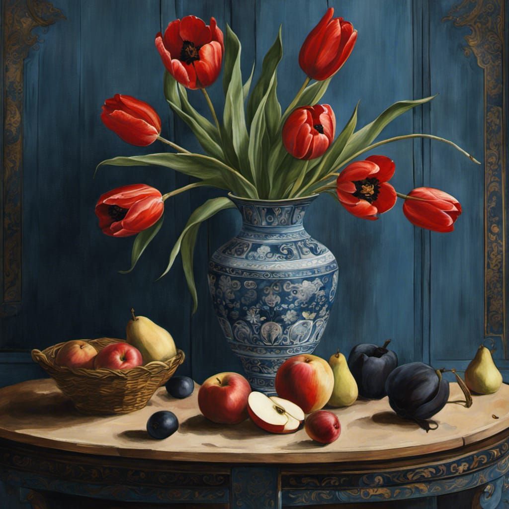 Black Tulips and Fruit Still Life as Digital Painting