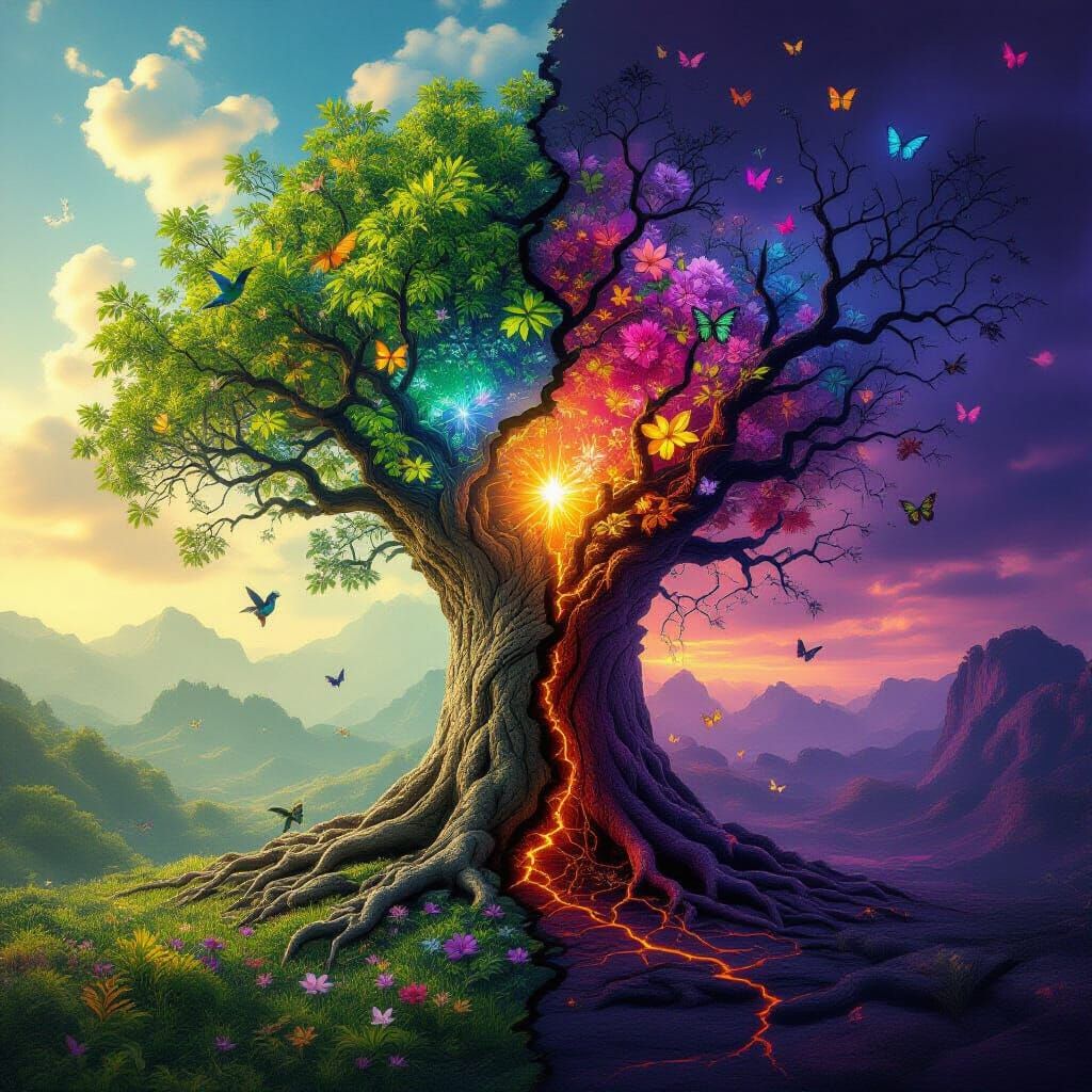 Paradise and Decay: A Colossal Tree in Dystopian Contrast