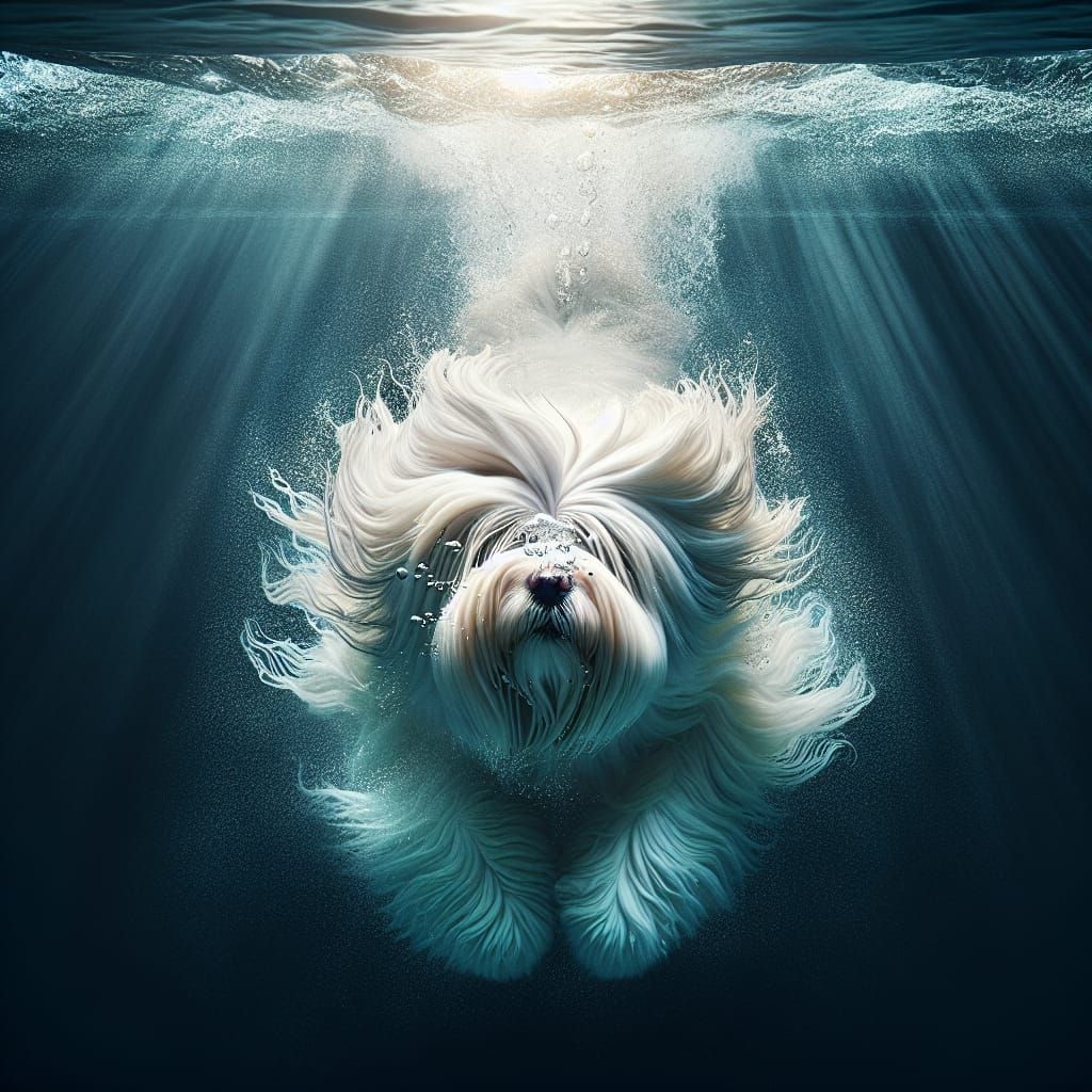 Coton de Tulear Dog Diving: Hyperrealistic Underwater Scene