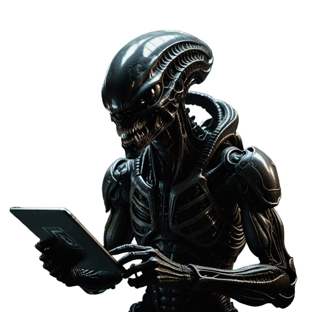 Alien Xenomorph Holds Tablet in Cinematic Film Still