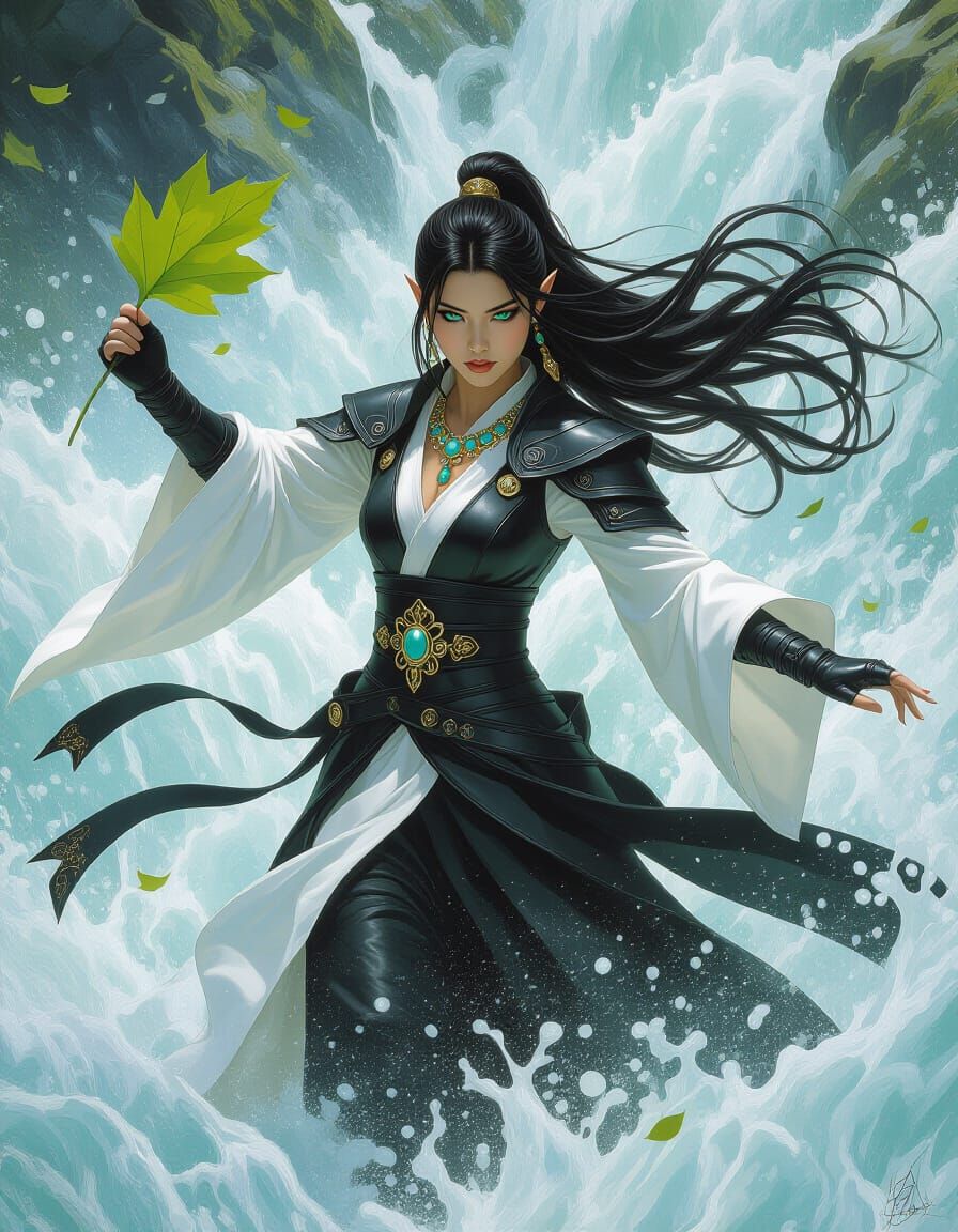 Elf Riding Leaf Through Rapids, Dramatic Lighting