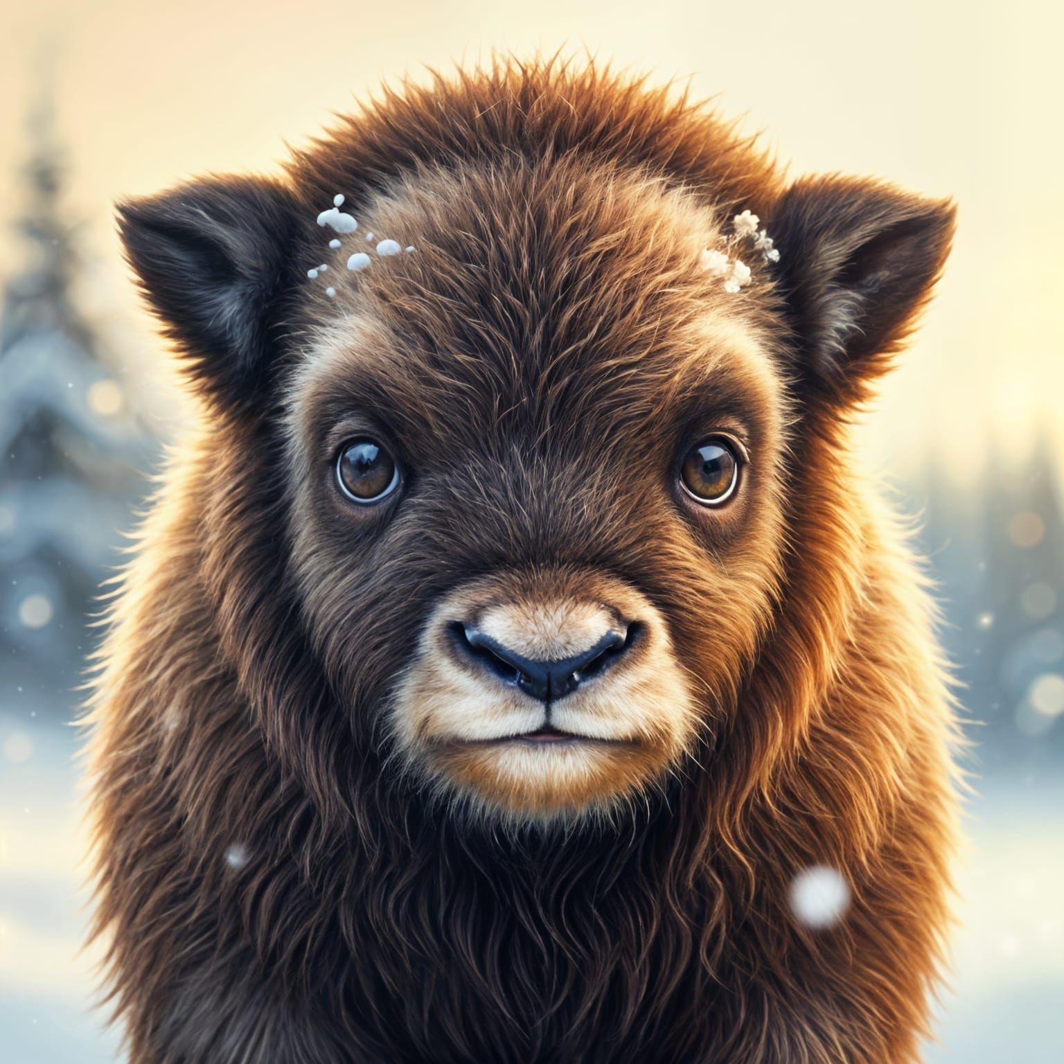 Cute Baby Musk Ox in Snowy Landscape