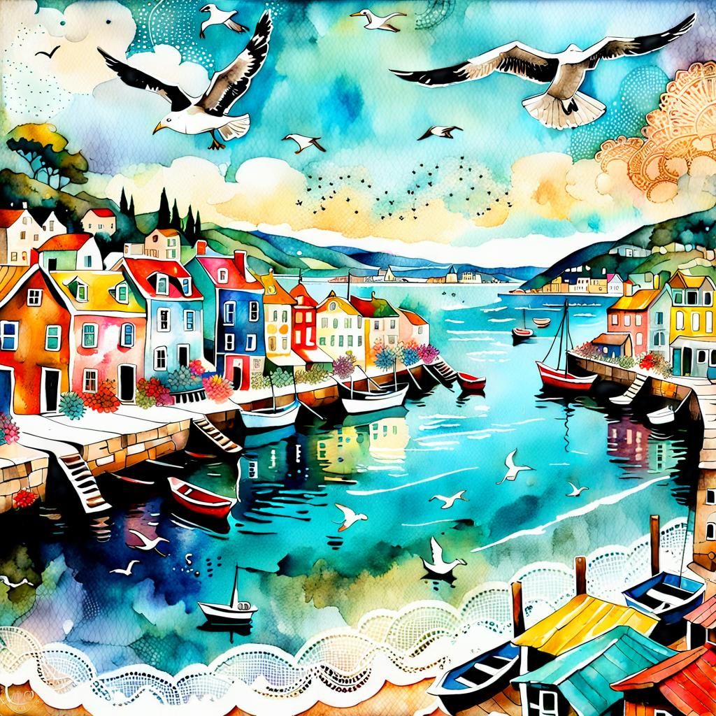 Charming Coastal Village in Mixed Media Collage