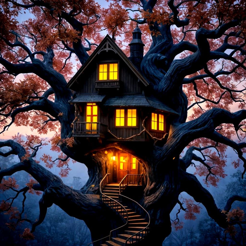 Cozy Autumn Treehouse with Fairy Lights at Twilight