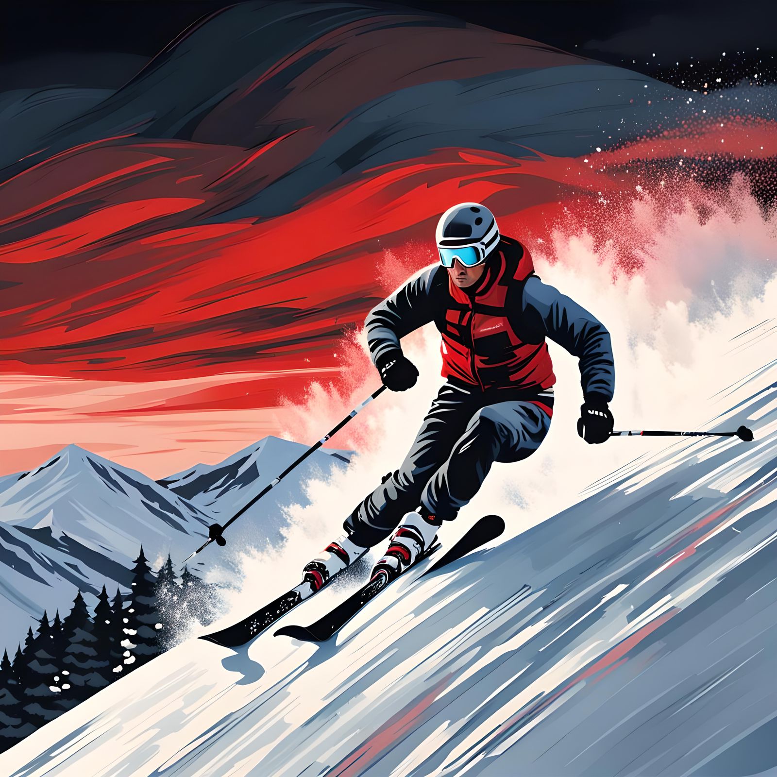 Skier Descending Mountain at Dusk in Impressionist Style
