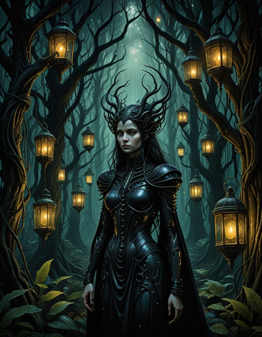 Ethereal Sorceress Lost in a Biomechanical Forest