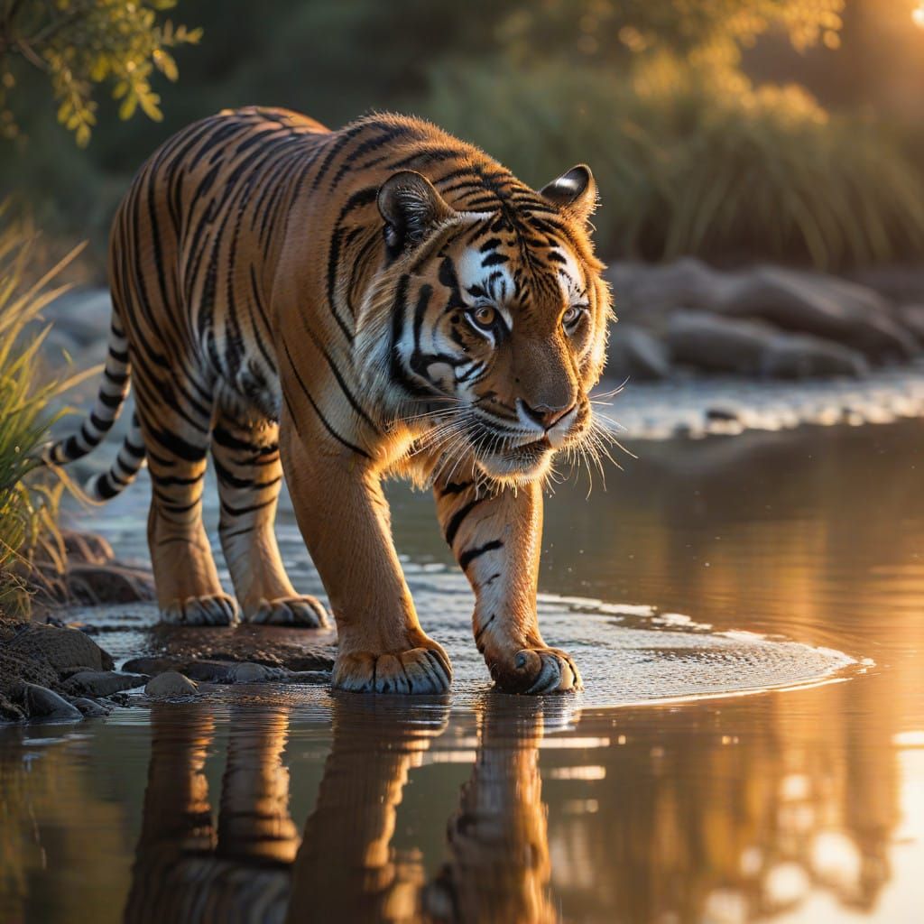 Tiger Strolls by Sunset River with Vibrant Bokeh