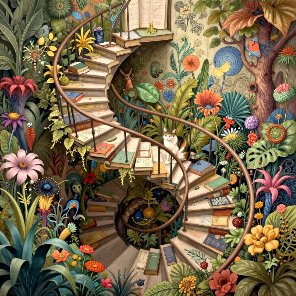 Millennial Cat on Infinite Book Staircase Overlooking Abyss