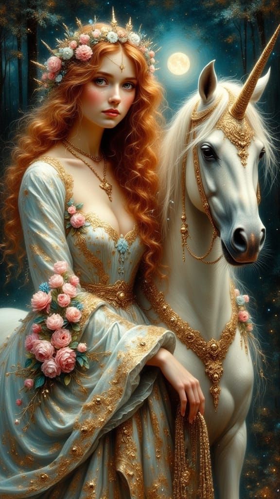 Ethereal Woman and Unicorn in Pre-Raphaelite Style