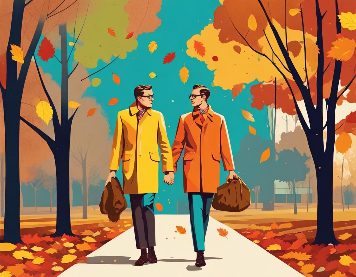 Gay Couple in Autumn Park in Bauhaus Style
