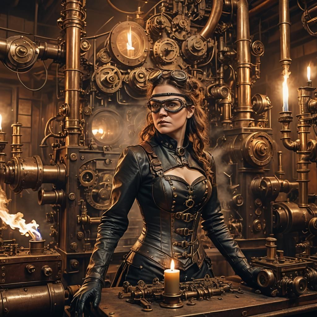 Steampunk Woman with Steam Engine and Goggles
