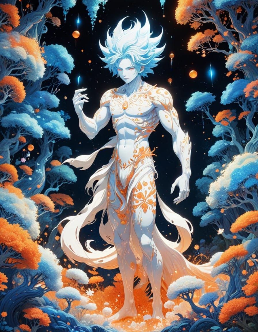 Ghostly Manga Creature in a Bioluminescent Forest