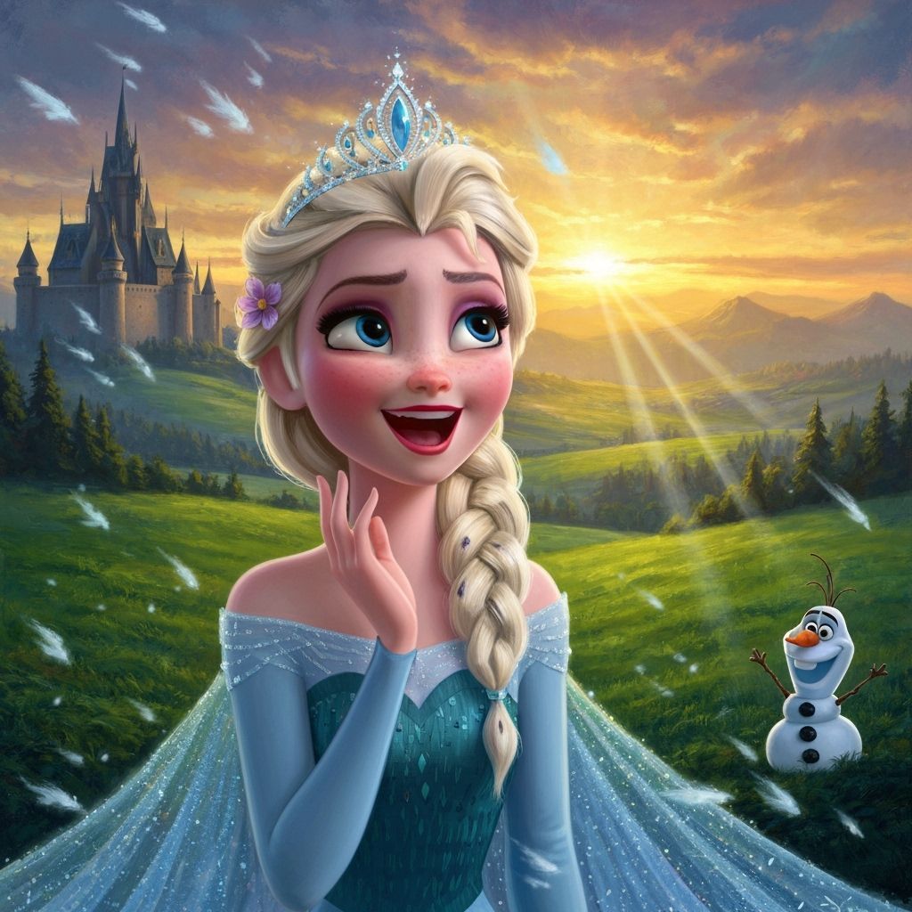 Elsa and Olaf in Golden Sunset Oil Painting