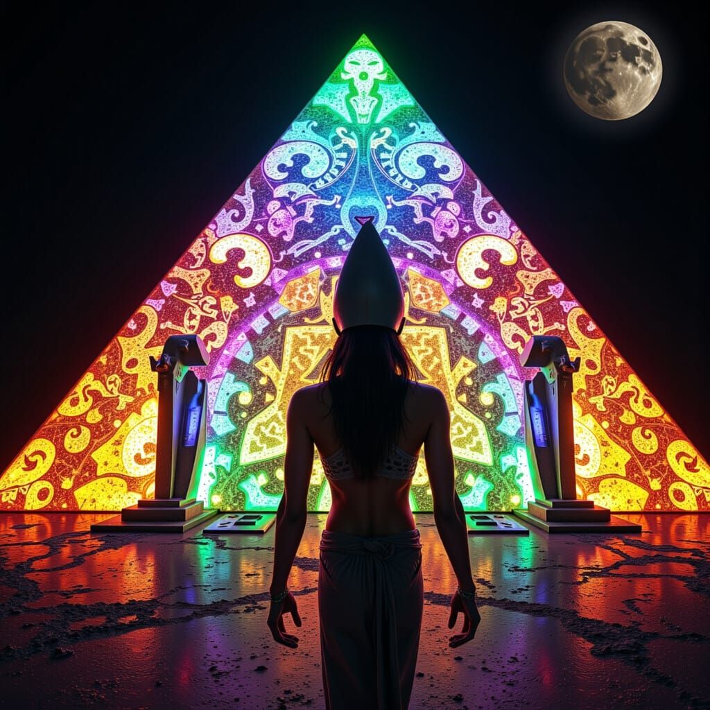 Akhenaten Before Mysterious Pyramid Moonscape