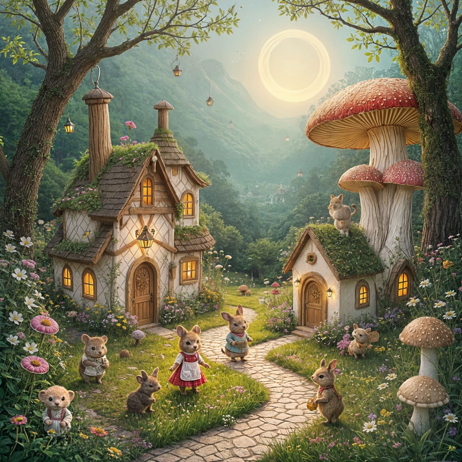 Whimsical Teacup Village in Meadow at Golden Hour