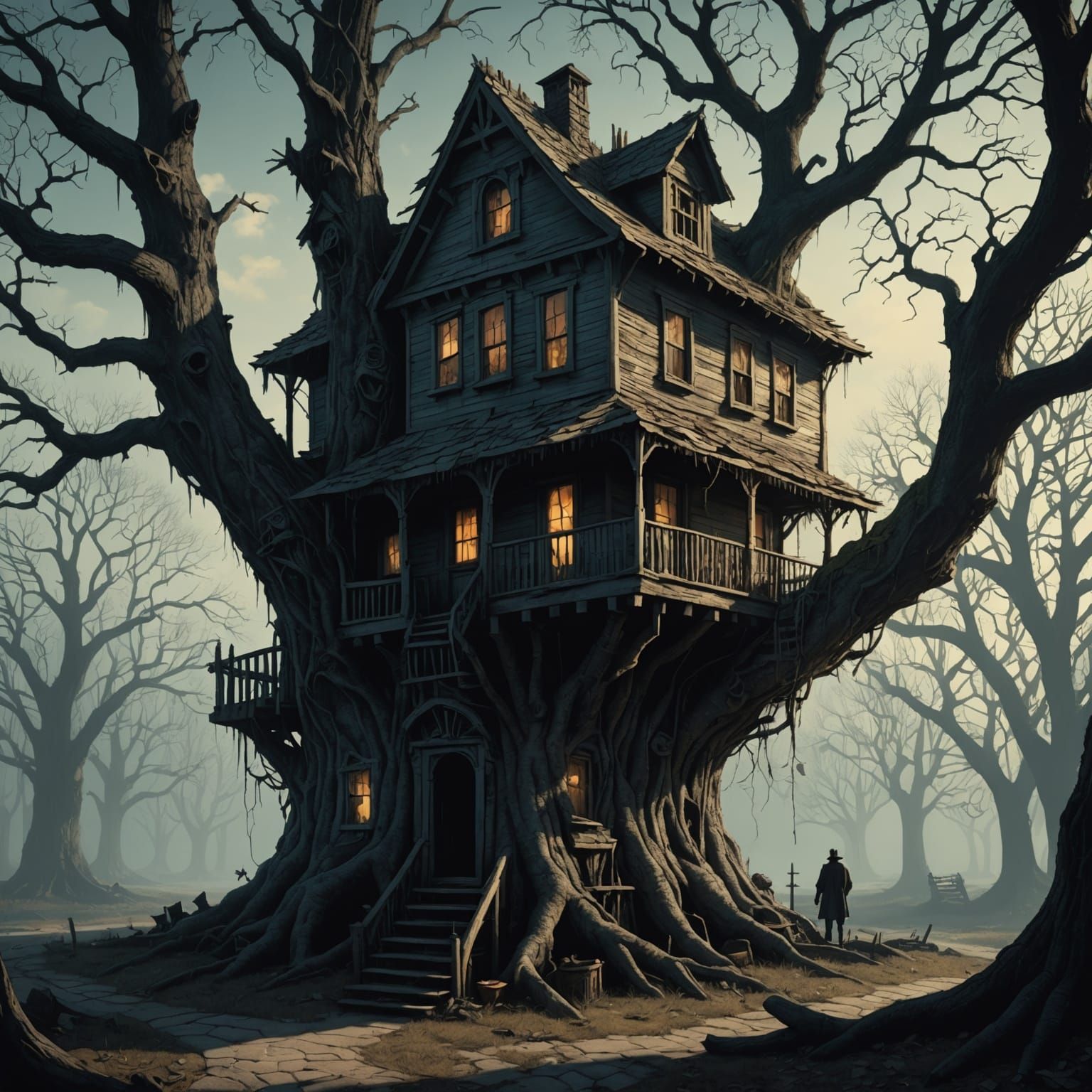 Haunted Treehouse in Daylight: Gothic Horror