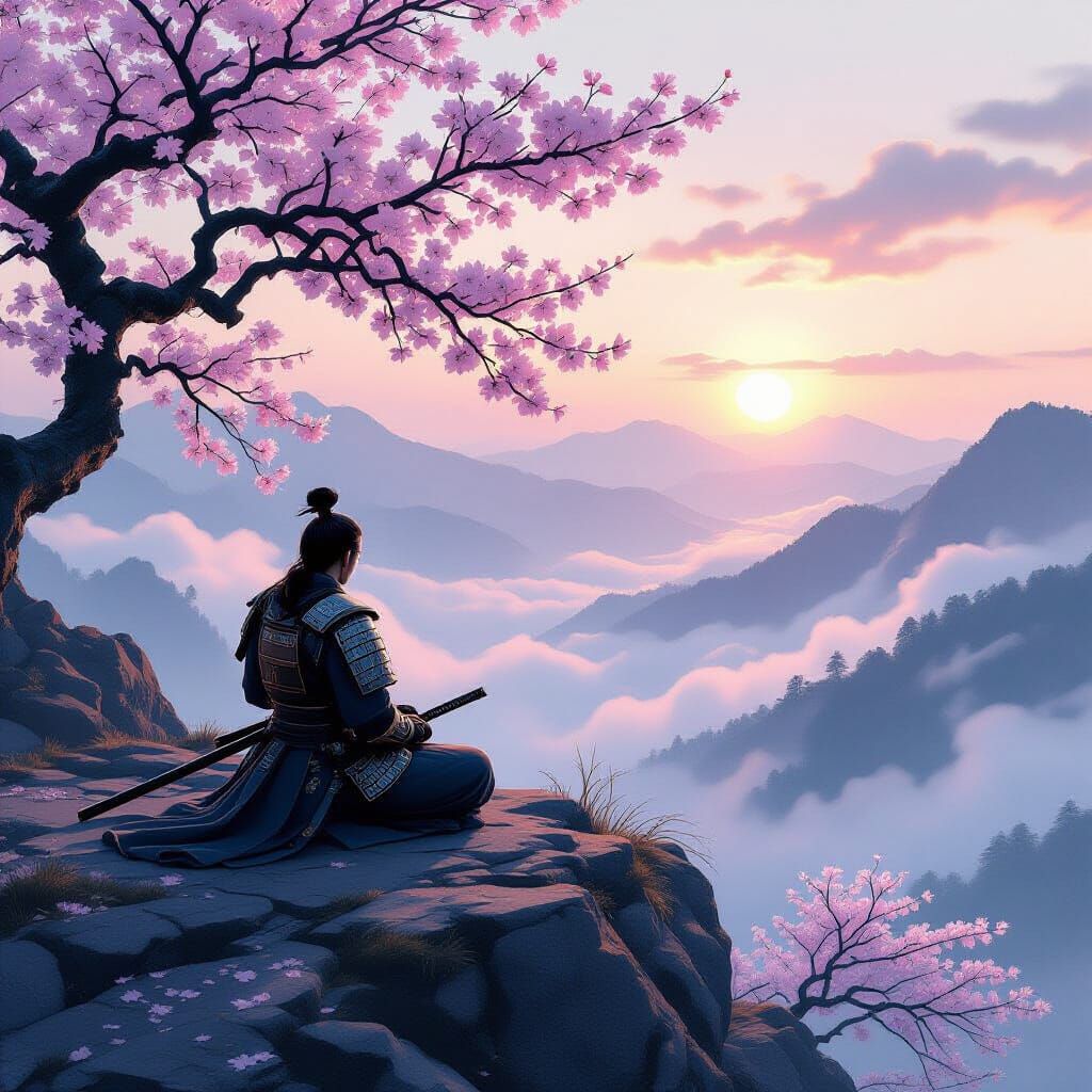 Samurai Meditating on Misty Mountain Peak at Dawn