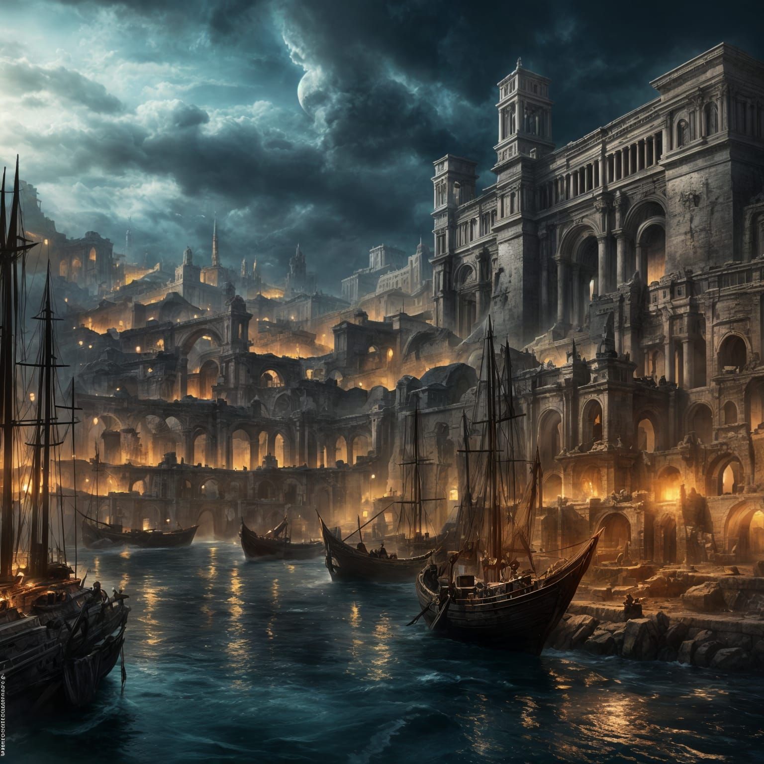 Dark Fantasy Roman Port City Digital Painting