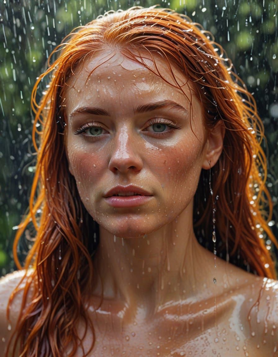 Red-Haired Beauty Under Summer Rain