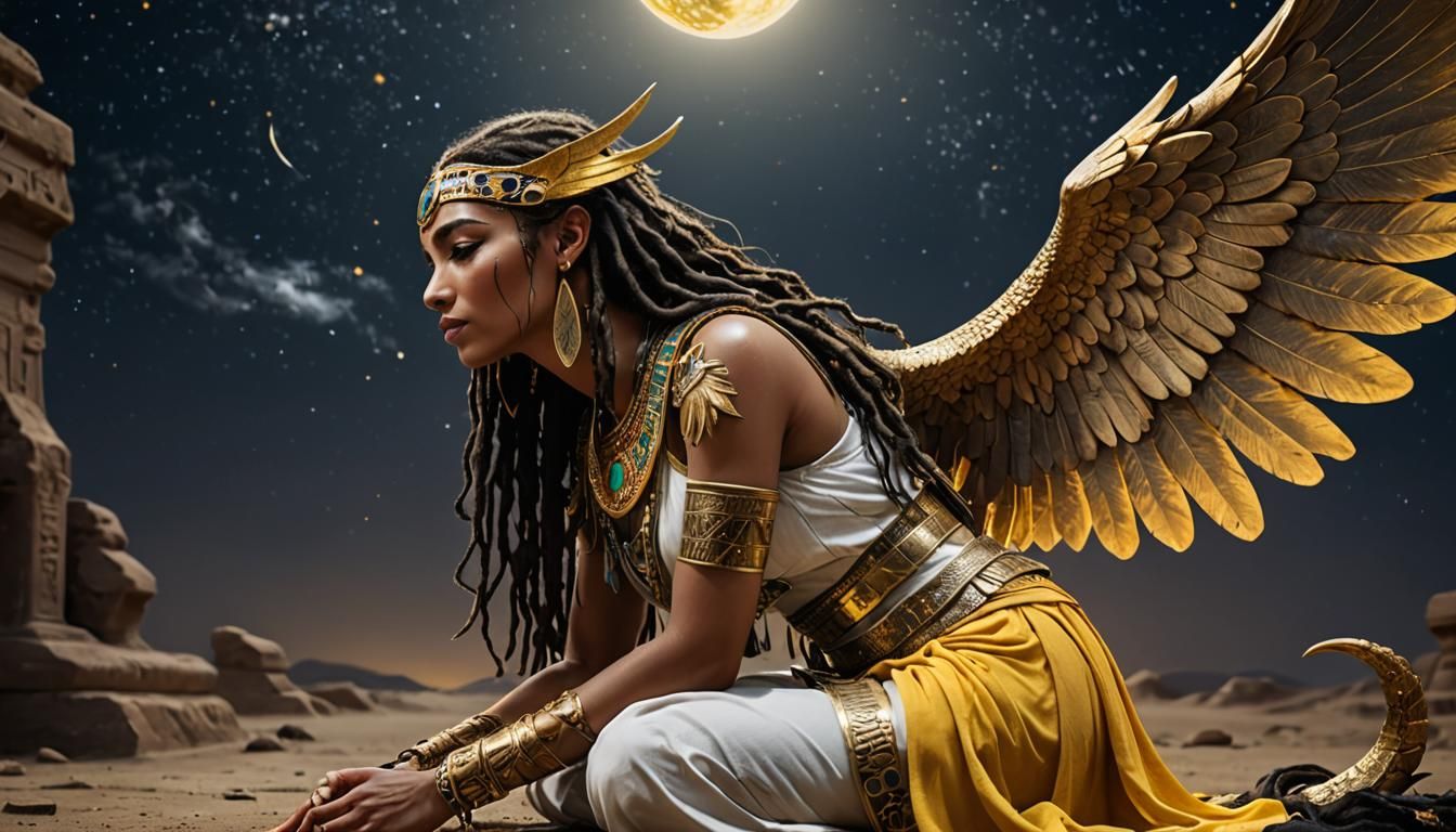 Egyptian Warrior Angel Kneeling in Starry Night