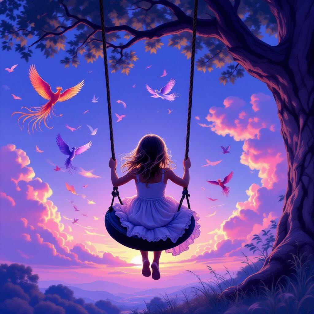Girl on Tire Swing with Phoenixes in Sky
