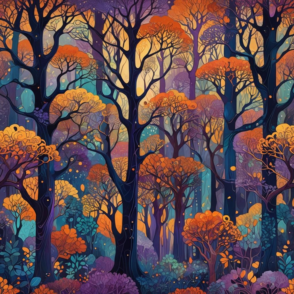 Surreal Mystical Forest in Art Deco Style with Radiant Geome...