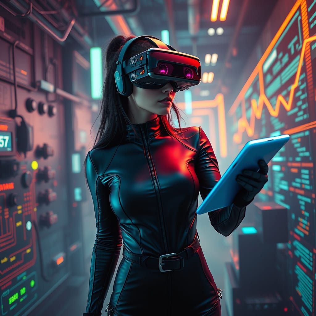Cyberpunk Futurist Analyzes Data in Virtual Reality