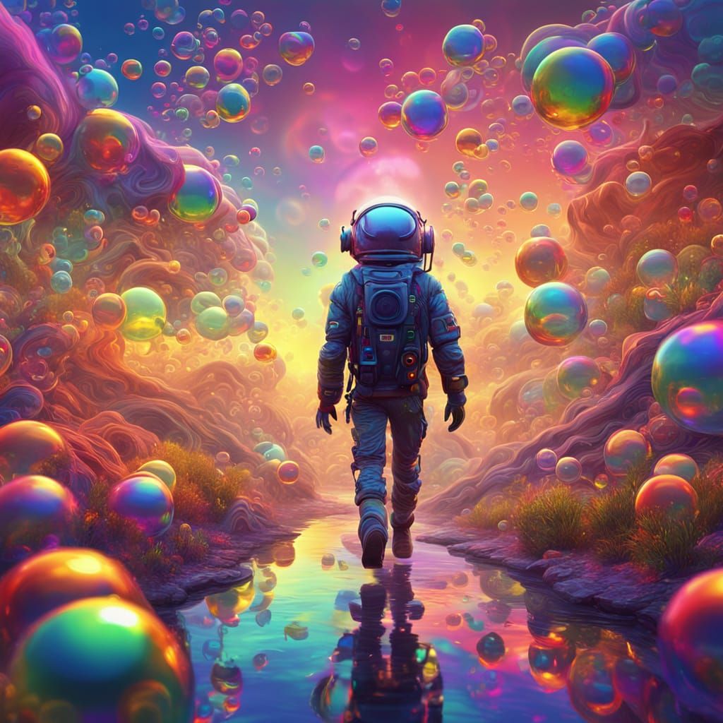 Alien's Journey Through Psychedelic Bubble Wonderland