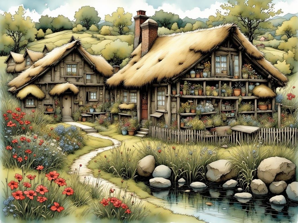 Idyllic Countryside Village in Morning Light, Intricately De...