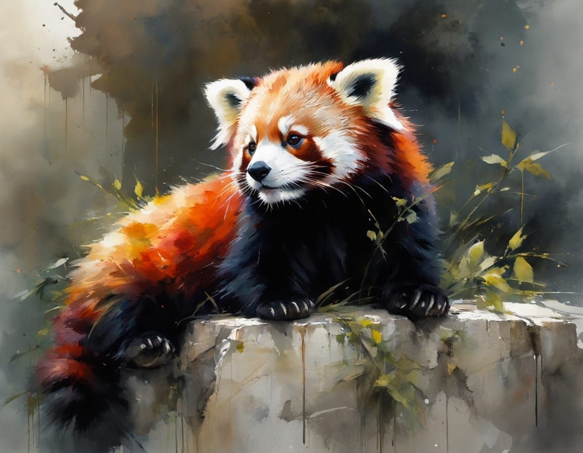 Cute Red Panda on Stone Ledge in Sunlight