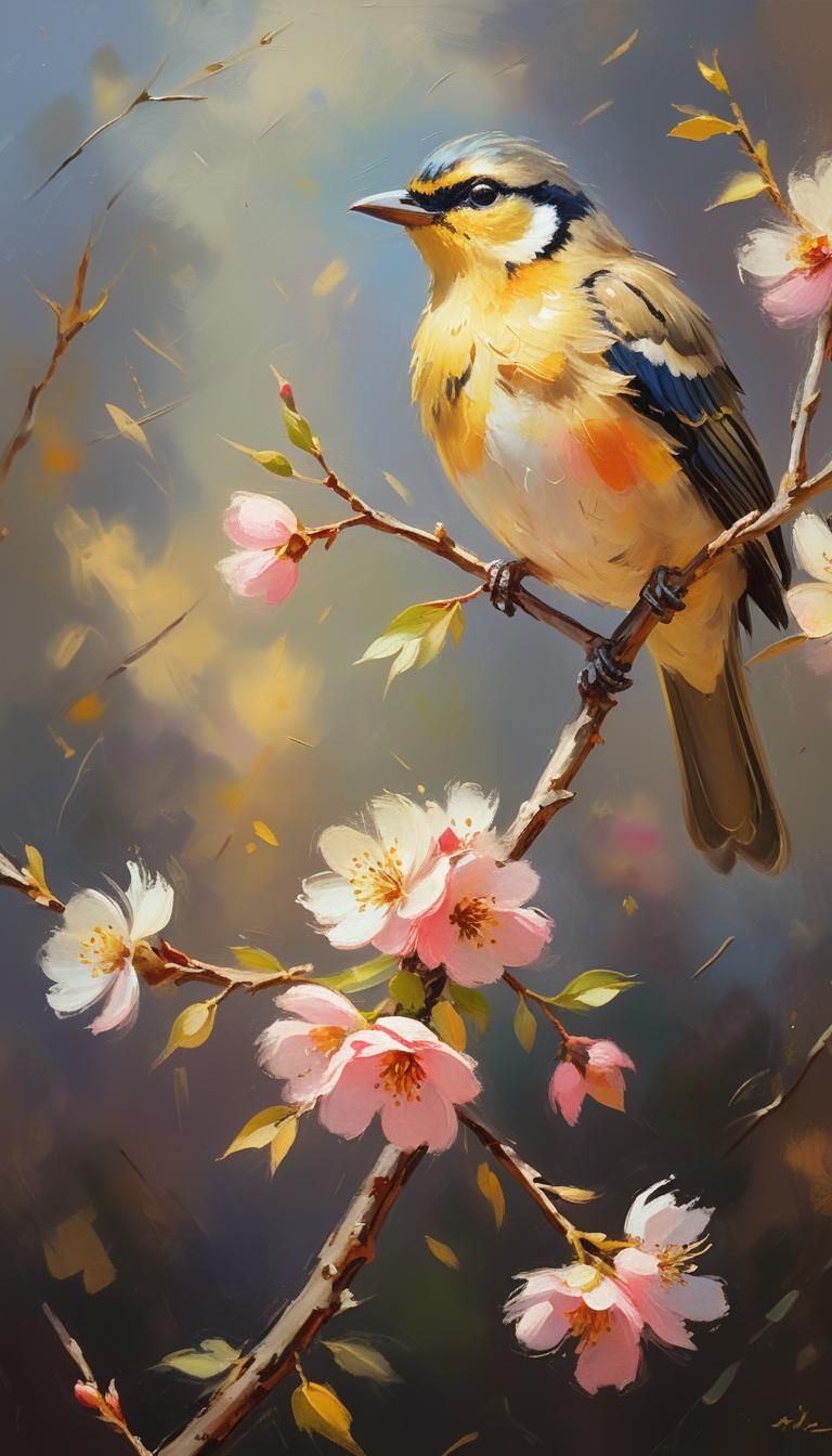 Impressionist oil painting. close-up. Beautiful bird perched...