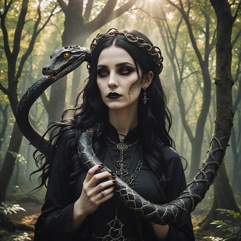 Gothic Girl with Serpent in Sunlit Woods