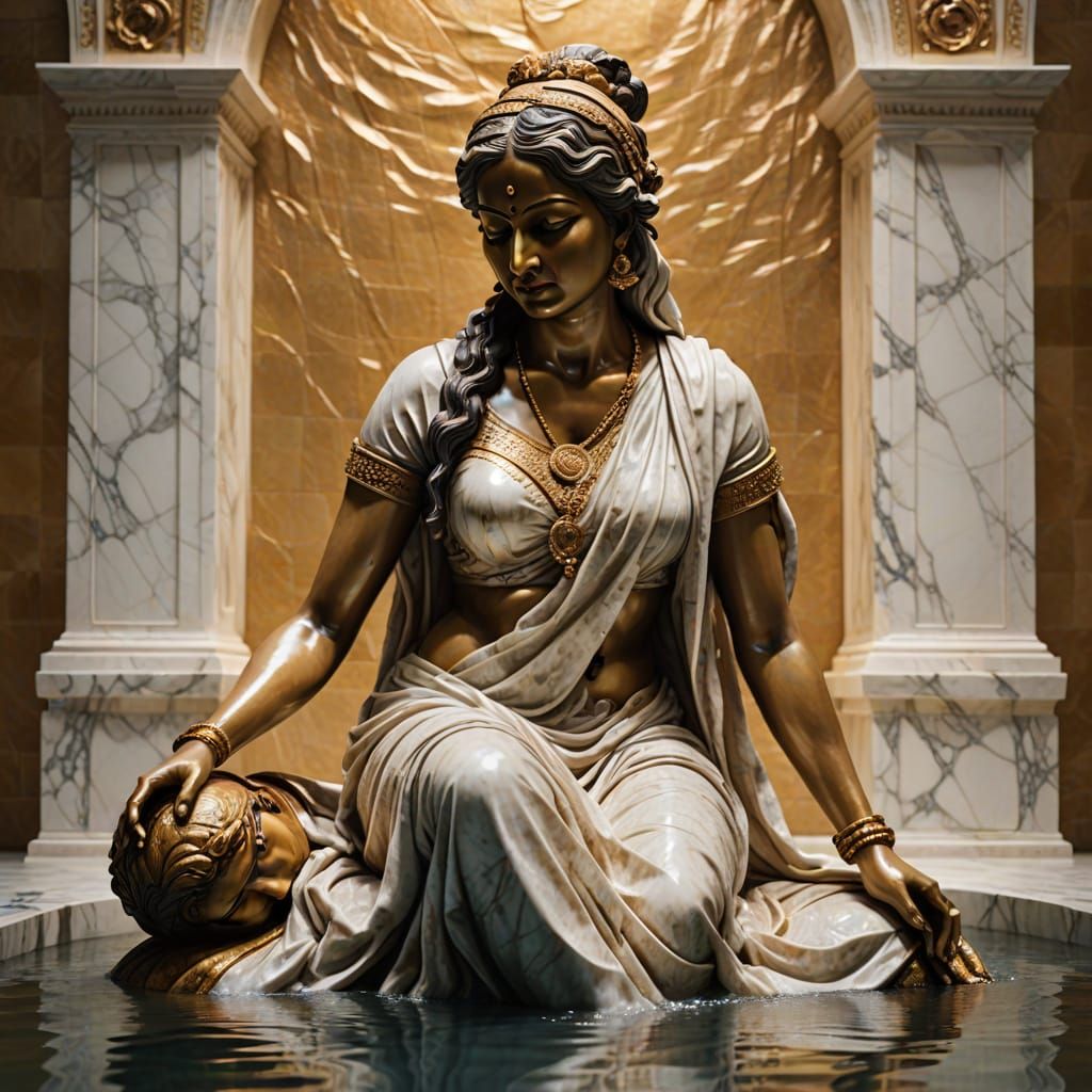Indian Woman Bathing: Baroque Marble Sculpture