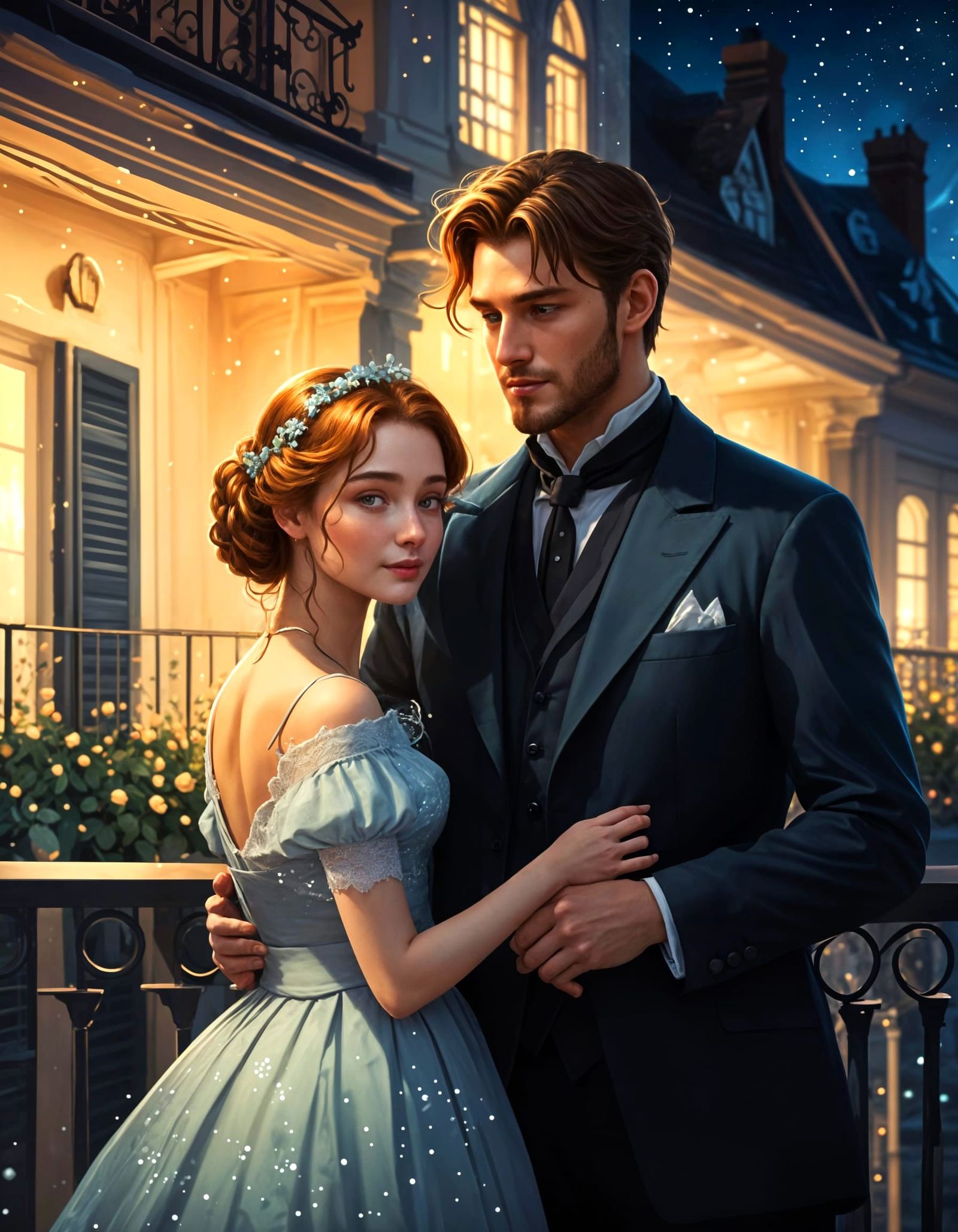 Romantic Couple Silhouetted on Starry Night Balcony