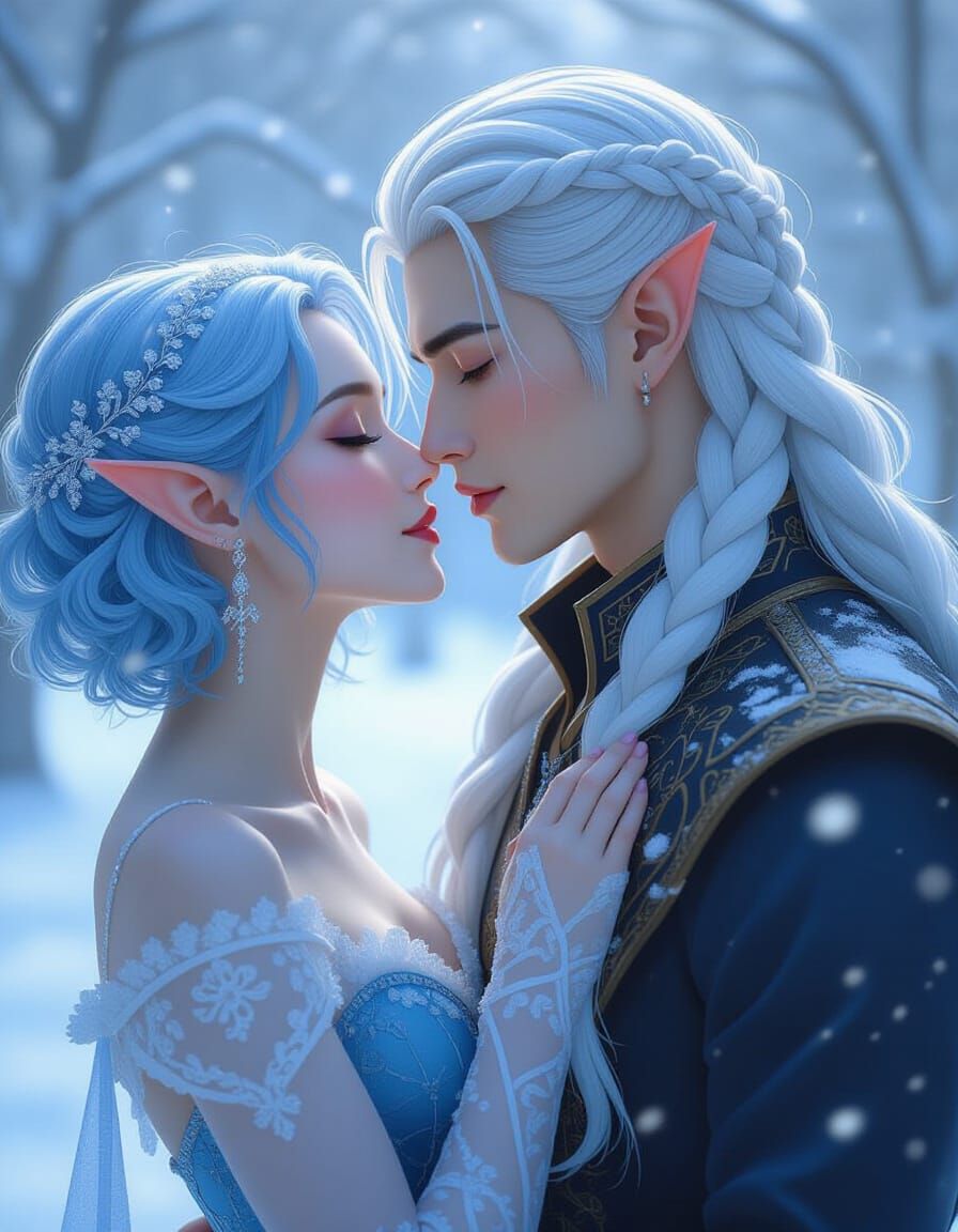 Romantic Elf Kisses Asian Man in Snowy Park