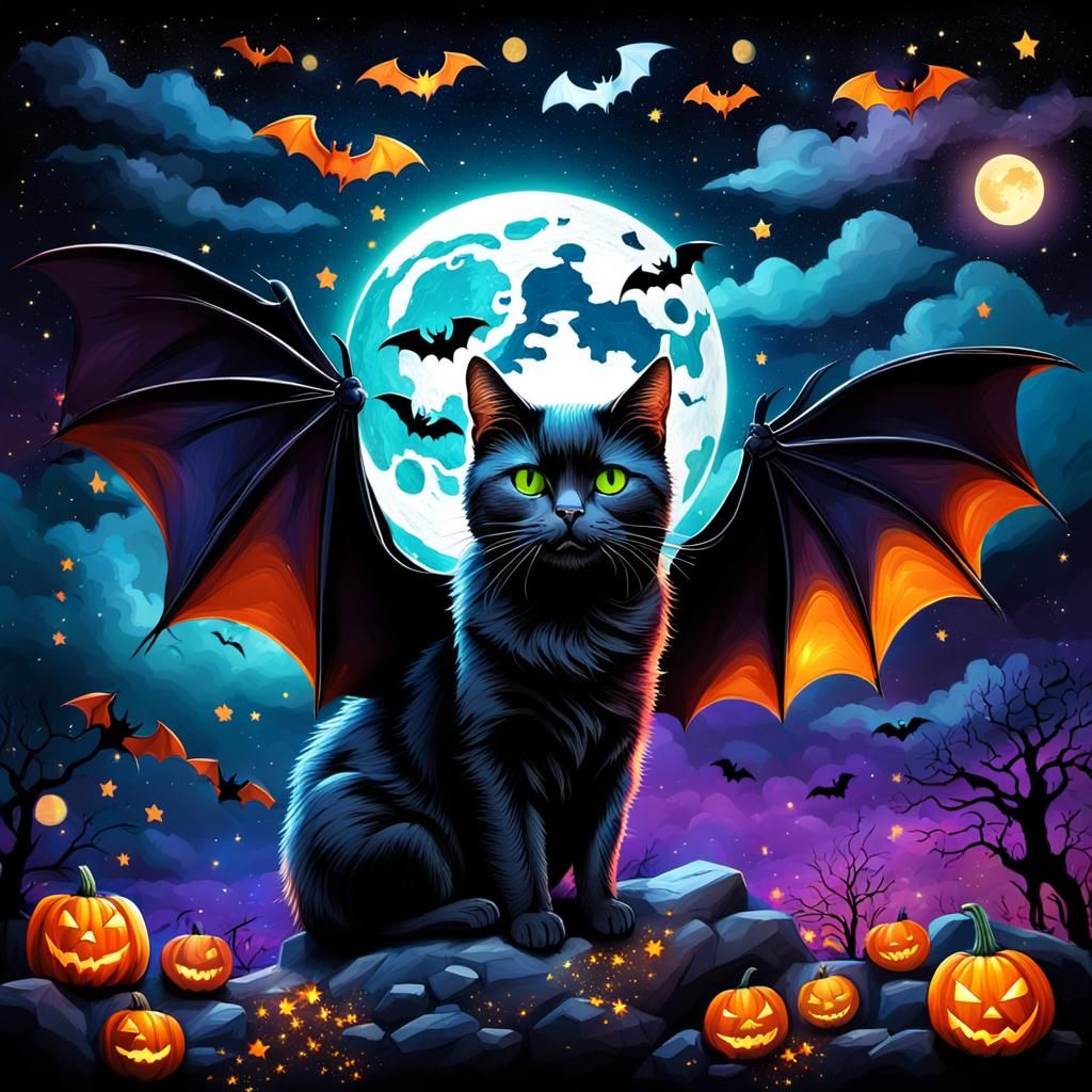 Halloween Bats and Black Cat in Cosmic Sky