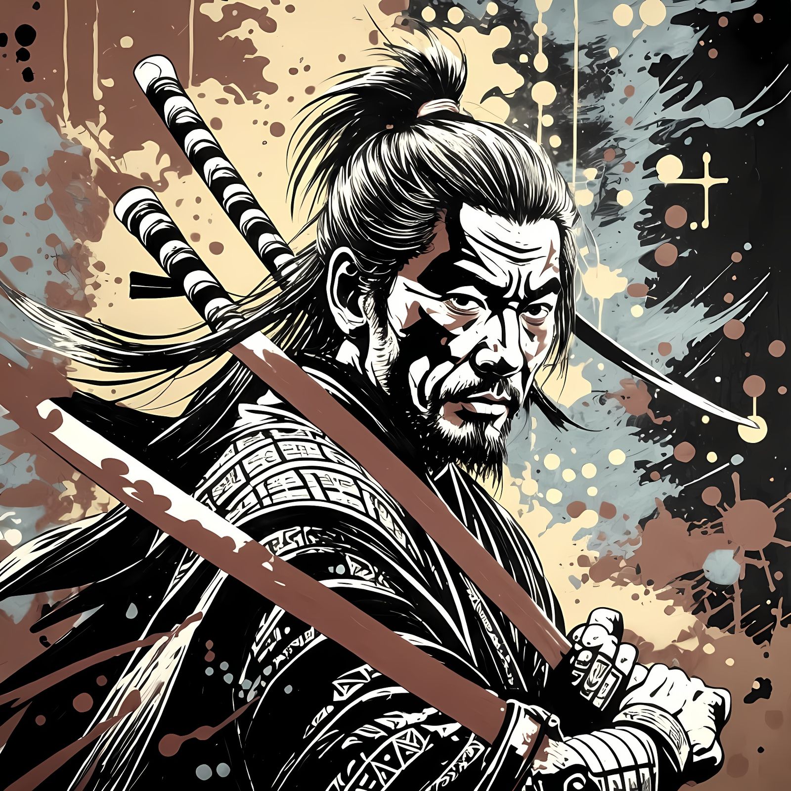 Samurai Miyamoto Musashi in Vibrant Graffiti Style