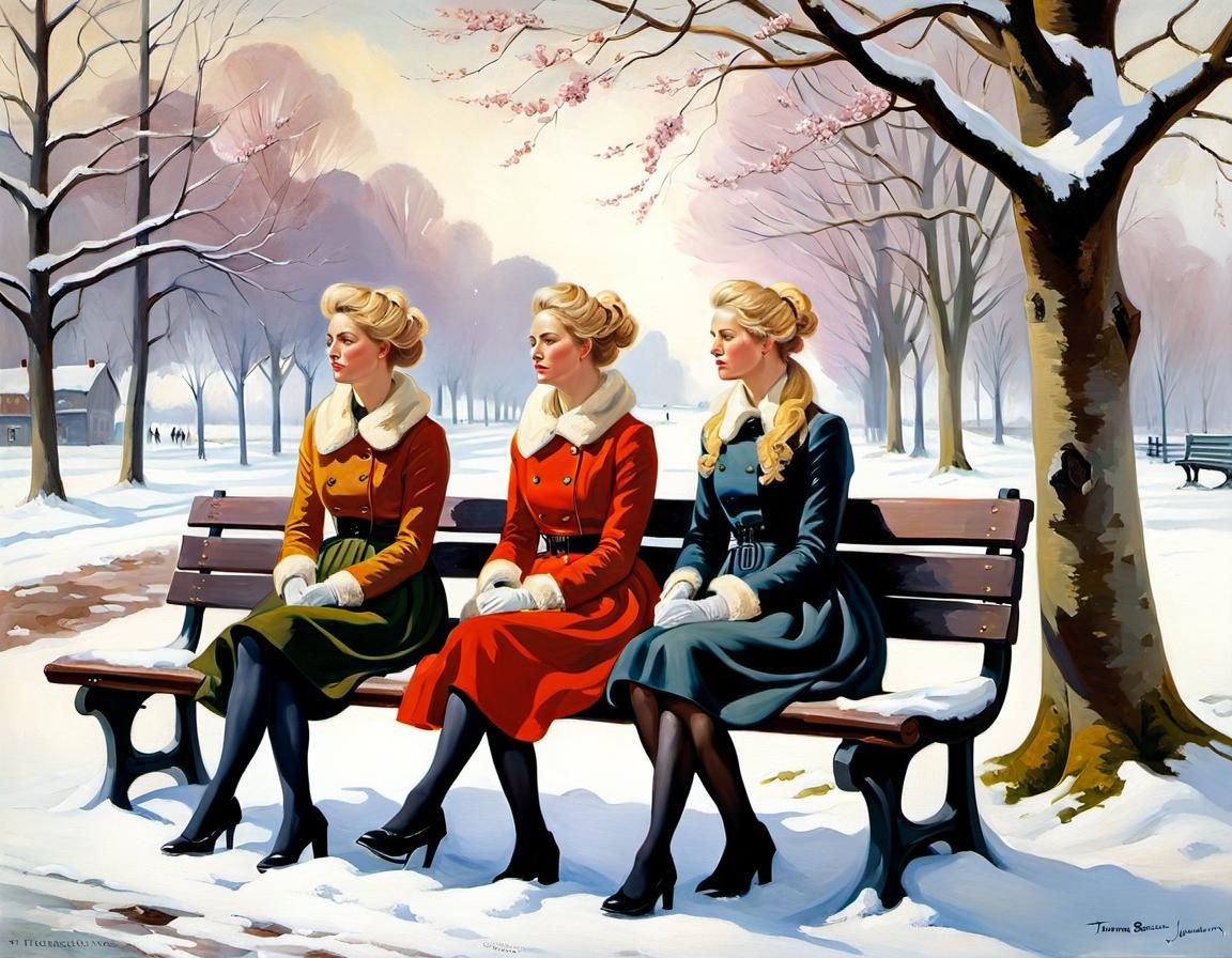 Norwegian Girls in Park, Oil Painting