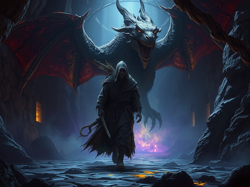 Mohrg in Dark Dungeon with Dragon, Fantasy Art