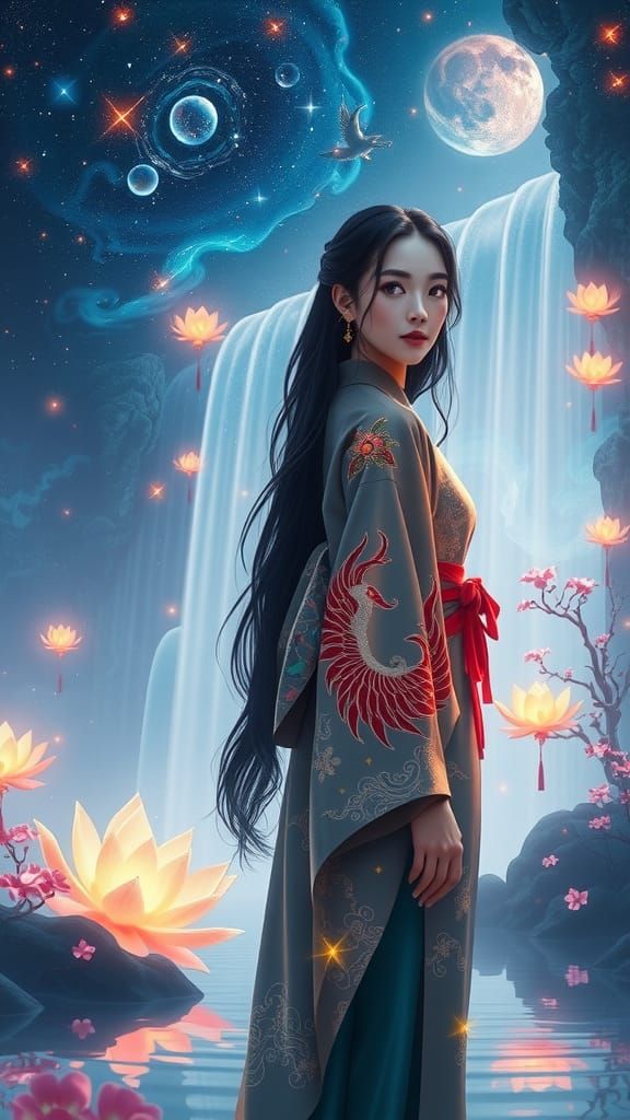Ethereal Waterfall Scene with Woman in Silk Kimono