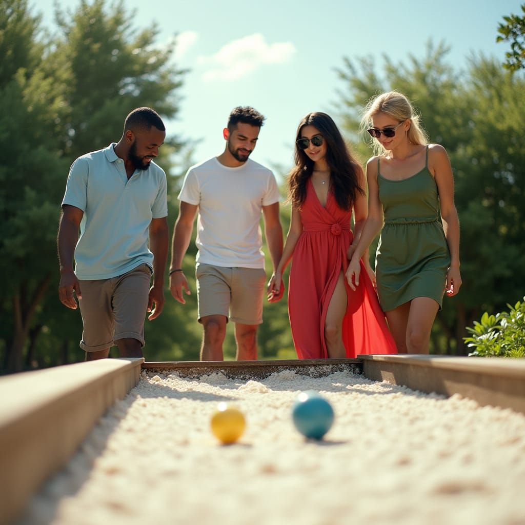 Diverse Friends Enjoy Bocce Ball on White Oyster Shell Court