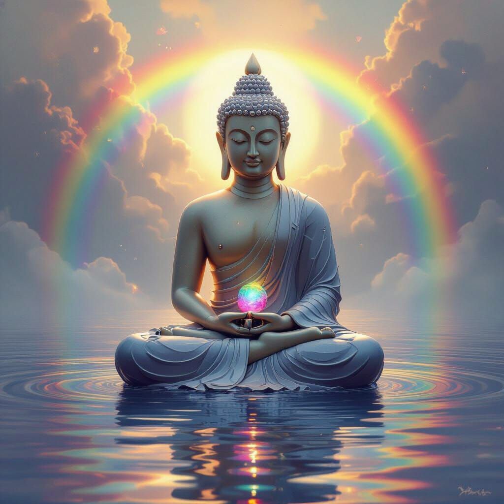 Buddha Statue Reflecting Gratitude and Rainbows