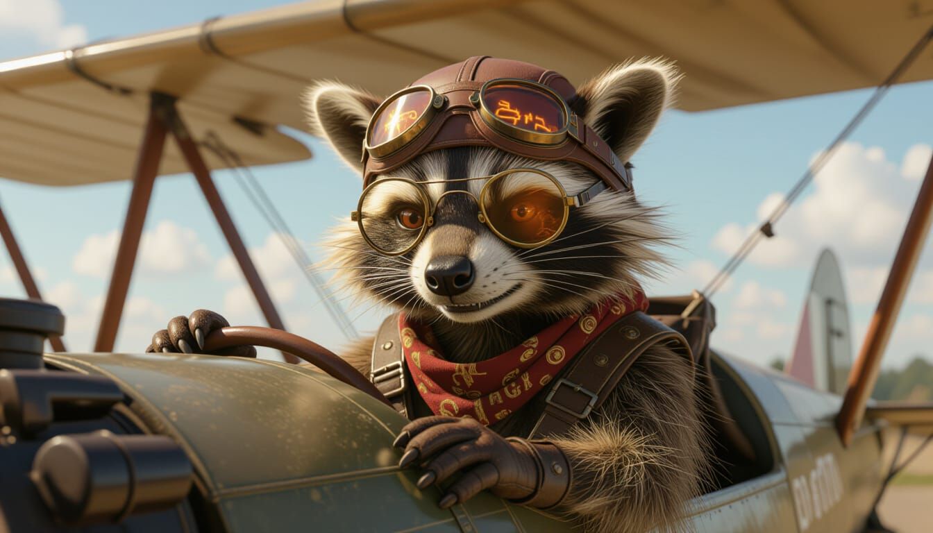 Steampunk Raccoon Pilot in Fiery Galaxy
