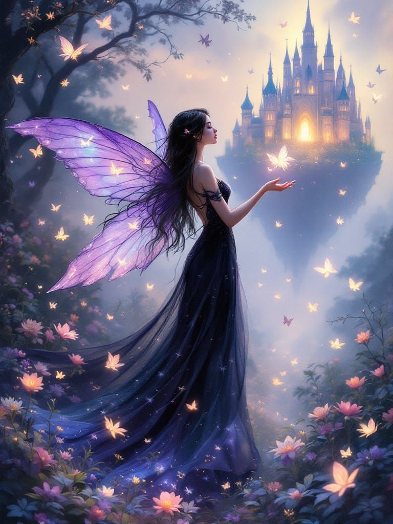 Mystical Fairy Releases Butterflies in Enchanted Forest