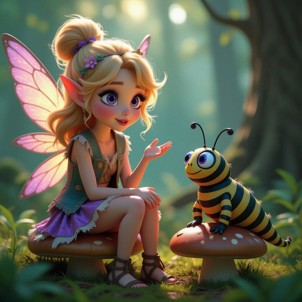 Fairy with Golden Hair Sits with Caterpillar on Mushroom